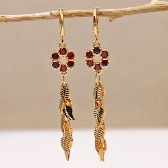 18K Yellow Gold Filled Flower Ruby Red Diamond Zircon Tassel Dangle Earrings - Picture 6 of 6